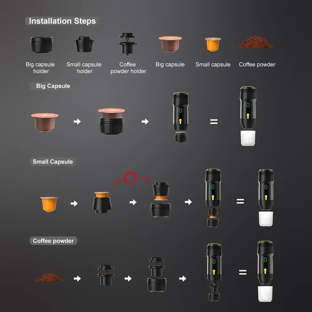 Kabellose elektrische tragbare Espressokaffeemaschine für Auto & Zuhause Campingkaffeemaschine 3-in-1 Kapselpulver Reisekaffeemaschine