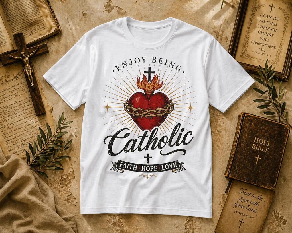 Enjoy Being Catholic Sacred Heart Tee – Vintage Faith Graphic Shirt