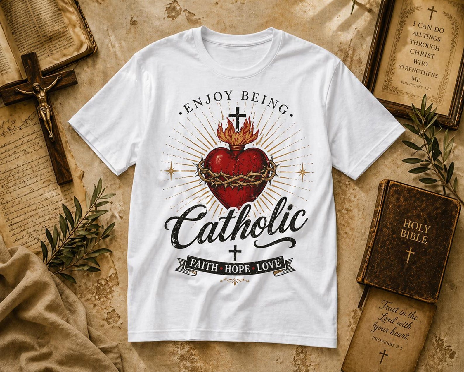 Enjoy Being Catholic Sacred Heart Tee – Vintage Faith Graphic Shirt M