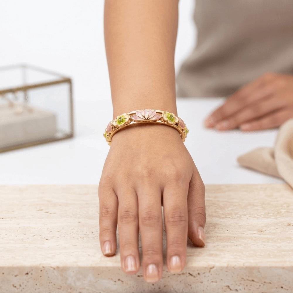 Gold Plated Enamel Floral Bangle Chinese Style Cloisonne Bangle Women's Flower Bracelet  Ladies