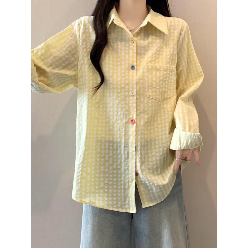 Korean Plaid Sun Protection Shirt for Women Spring Summer POLO Collar Cardigan Long-sleeved Shirt Thin Top