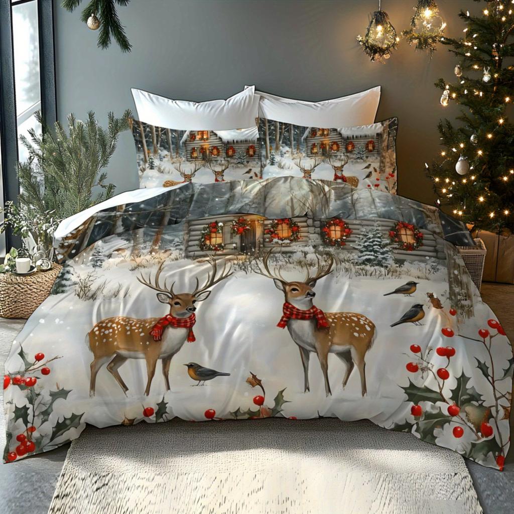 Christmas Santa Claus Sleigh Reindeer Snowman Snowflake Gift Pattern Soft Digital Printing Quilt Cover Kit Bedding