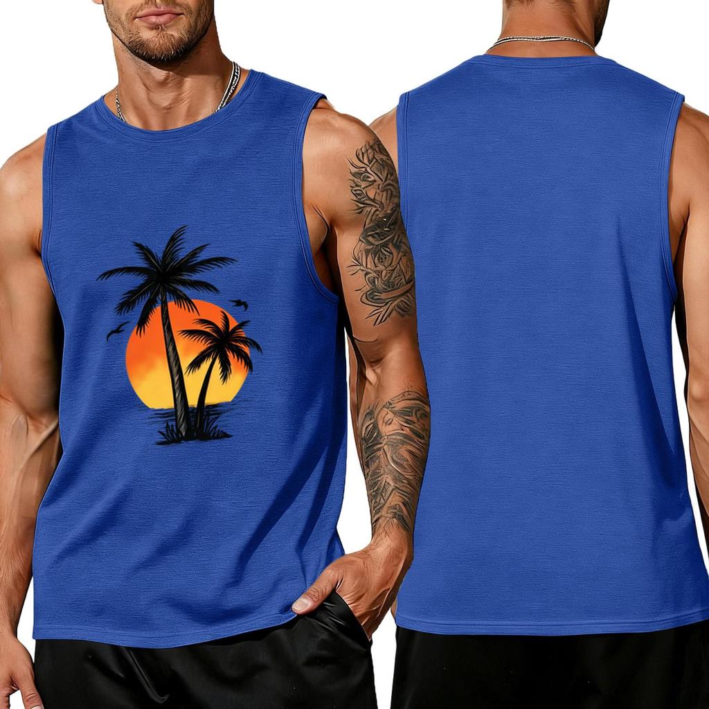 Men Sleeveless Crew Neck Tank Top with Tree and Print Relaxed Fit Casual Shirt for Summer Outdoor Use