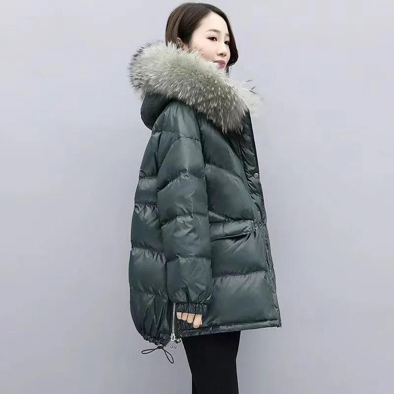 Zimní Volný Dámský Zateplený Parka Puffer Kabát Ležérní Nošení Teplá Bunda z Prachového Peří a Bavlny s Velkým Kožešinovým Límcem Kabát s Kapucí