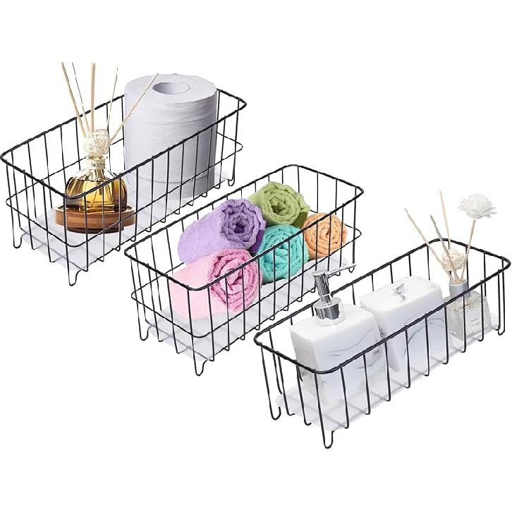 TIEYIPIN Декор Фермерского Дома Металлические Сетчатые Корзины для Хранения, Деревянные Контейнеры-Основания Органайзер-Корзина для Кухонных Шкафов, Ванной Комнаты, Кладовой, Гаража, Black(Style 2)