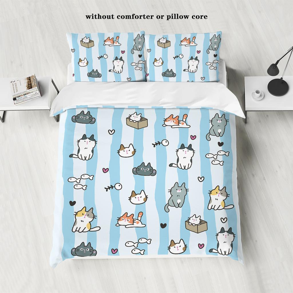 3-piece Down Duvet Cover with Blue Striped Cartoon Cat Pattern Print (1 Down Duvet Cover+2 Pillowcases, No Core) Bedding Set