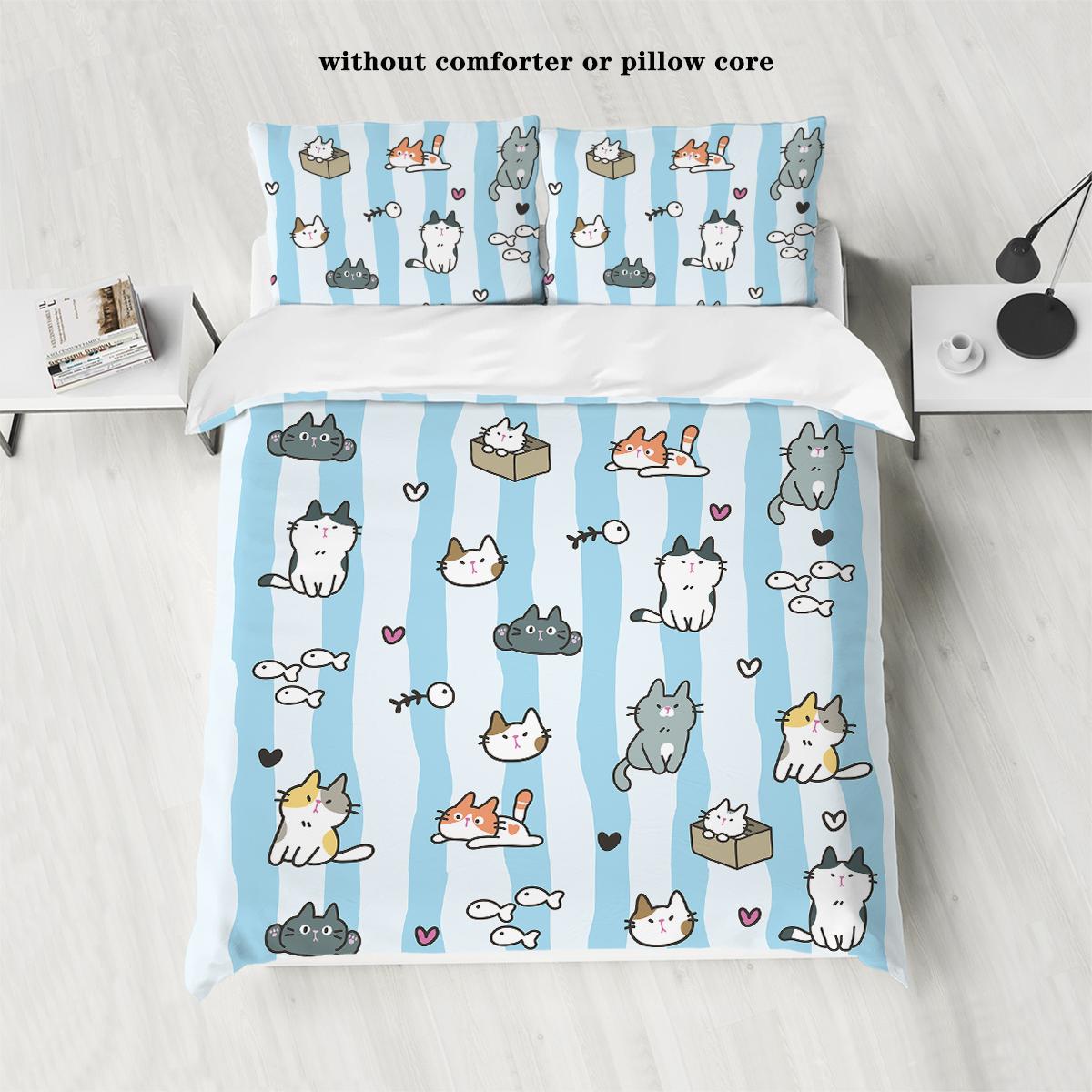 

3-piece down duvet cover with blue striped cartoon cat pattern print (1 down duvet cover+2 pillowcases, no core) bedding set 135x200cm-EU-Single