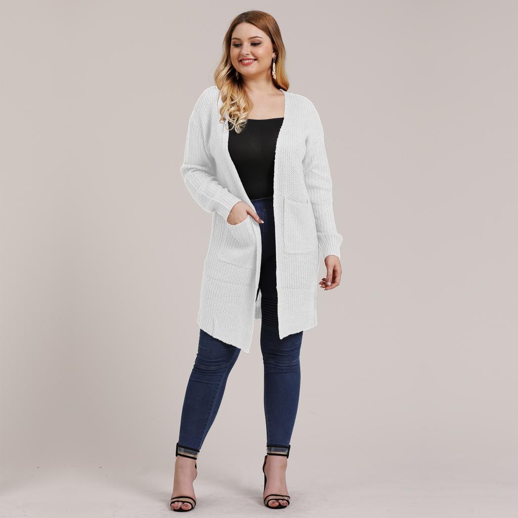 Autumn and Winter Large Size Women's Pocket Knitted Cardigan Mid-Length Sweater