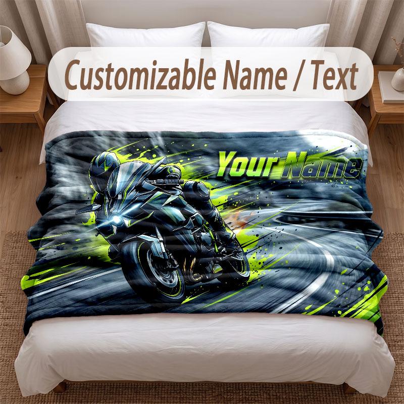Motorcycle Biker Theme Soft Blanket Personalized Custom Name Text Print Warm Blanket Home Sofa Bedroom Decor