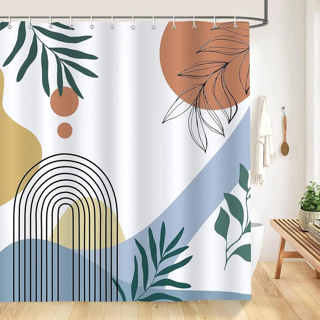 Abstract Bohemian Shower Curtain Mid Century Arches Sun Leaves Modern Simple Aesthetic Lines Geometric Decorative Shower Curtain