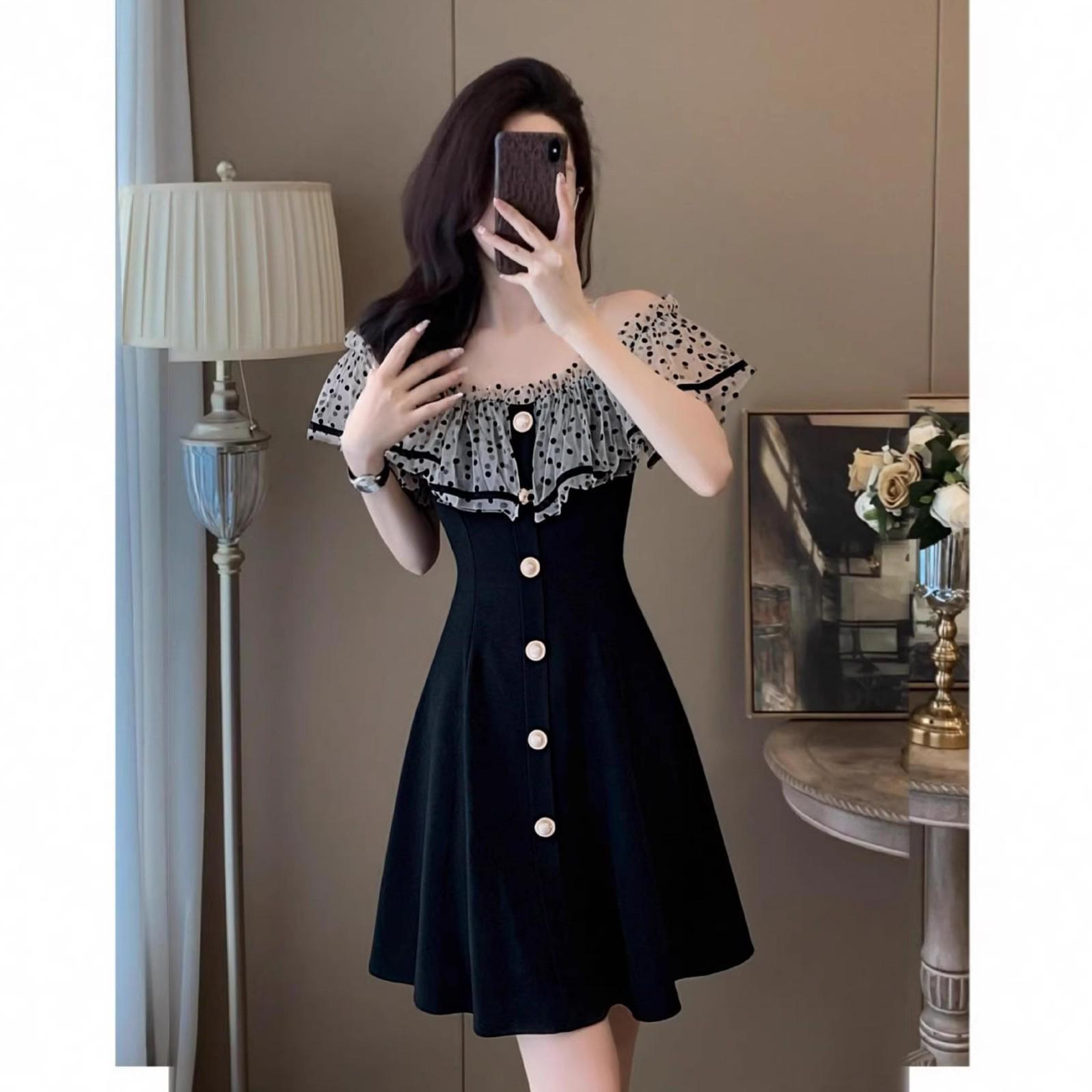 Elegant French Hepburn Style Ruffled One-Shoulder Mini Dress for Women L