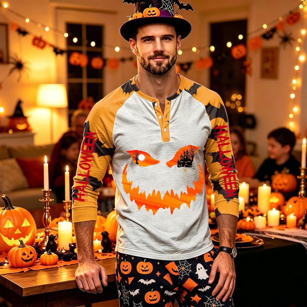 Men's Long Sleeve Shirt with Halloween Print Pattern for Casual Wear