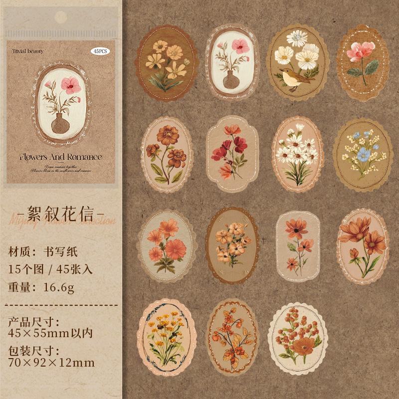1box/45pcs Vintage Floral Theme Decor Stickers, Art Retro Flower Patterns, DIY Handmade Album Scrapbooking Decorative Paper