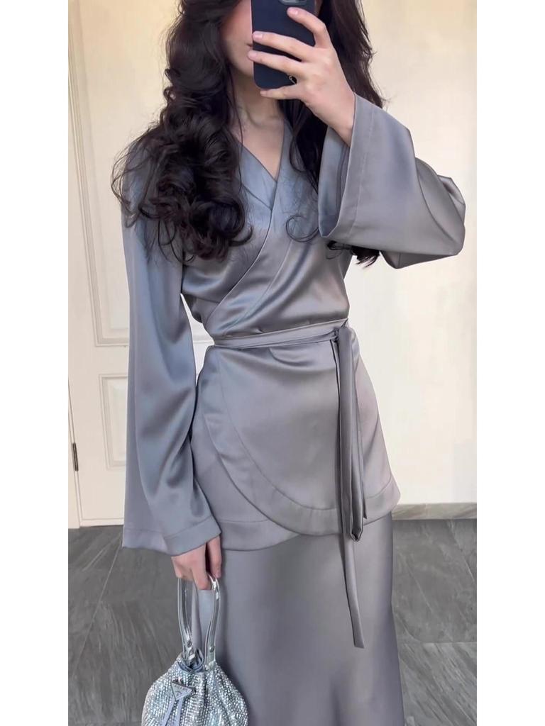 2024 Spring Satin Patchwork Waist-Hugging Long Dress Set for Women
