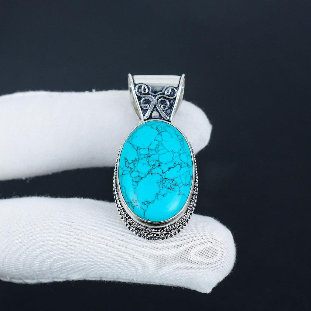 Pandantiv din argint turcoaz natural cu pietre prețioase din argint 925 - Design oval realizat manual, bijuterii pentru uzura de zi cu zi Cadou de Ziua Mamei