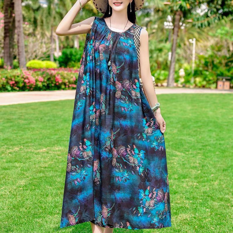 Plus Size Elegant Women's Summer Dress Casual Loose Sleeveless Long Dress Female Vintage Clothes