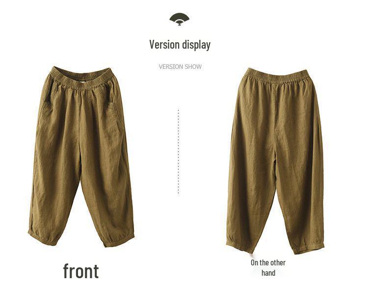 Pantaloni a Nove Punti Retro a Gamba Larga in Cotone e Lino con Vita Elasticizzata per Taglie Forti