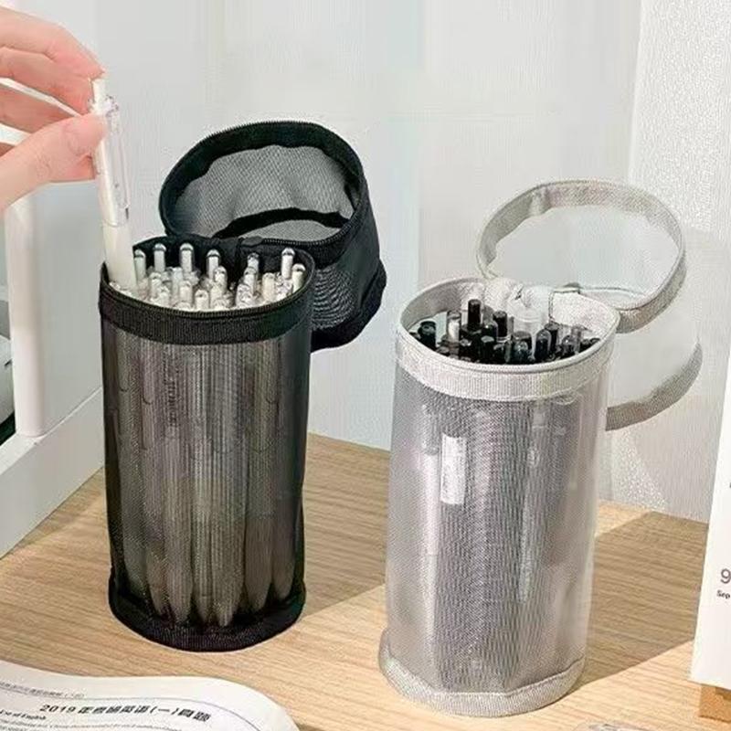 Mesh Dual-Use Makeup Brush Storage Bag Portable Brush Case Simple Large Capacity Brush Bucket Holder Travel Stand-Up Pouch