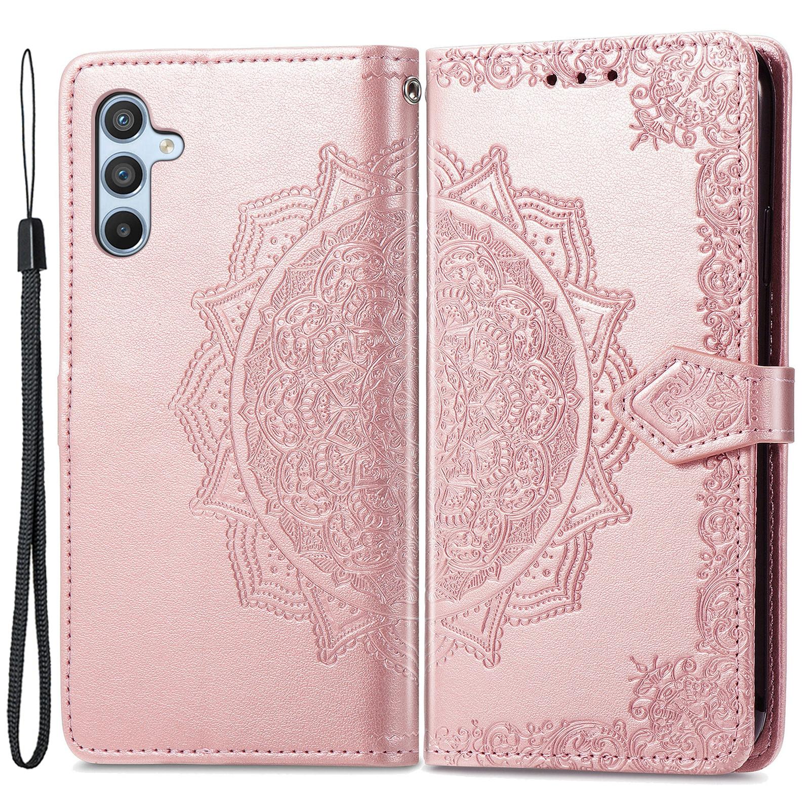 

For Samsung Galaxy A14 5G/A14 4G Case Stand Embossed Mandala Pattern PU Leather Wallet Cover with Strap Rose Gold