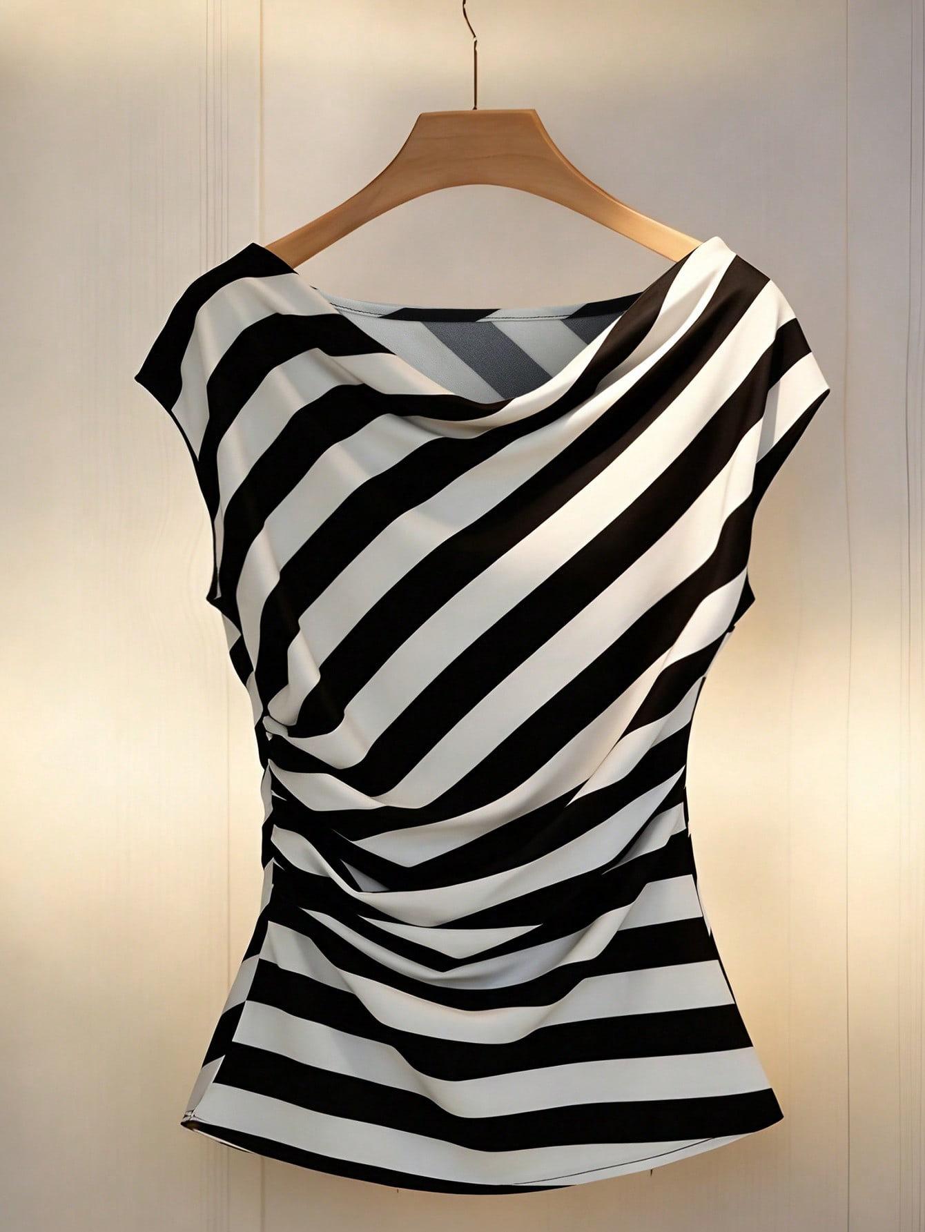 Women European Vacation Style Striped Sleeveless Casual Blouse Top S чёрный