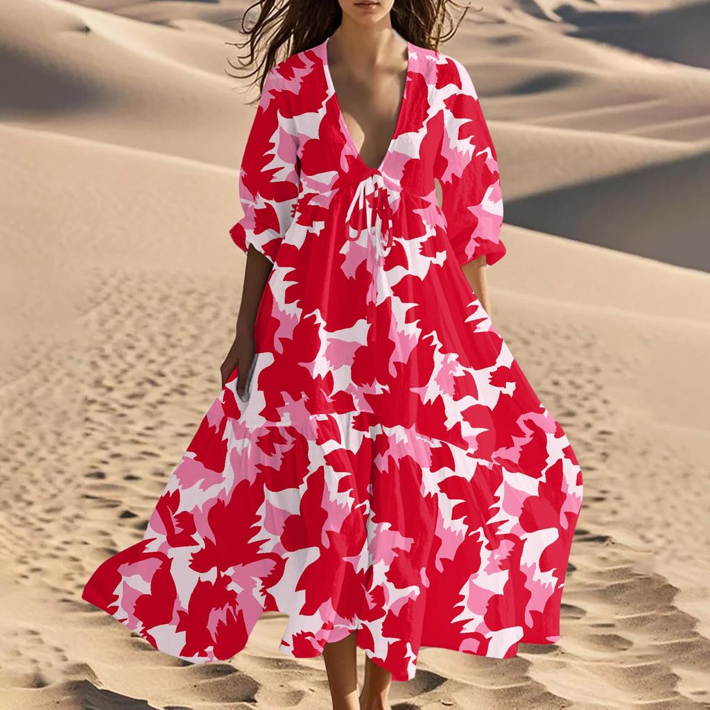 Vestido Largo de Verano para Mujer con Cuello en V, Playa, Estampado Floral Vintage, Encaje con Cordones, Empalme