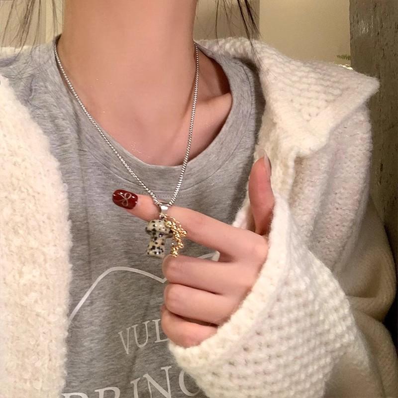 Trendy Spotted Tiger'S Eye Stone Mushroom Pendant Titanium Steel Necklace Accessories Women'S High Sense Niche Long Sweater Chain Neck Chain
