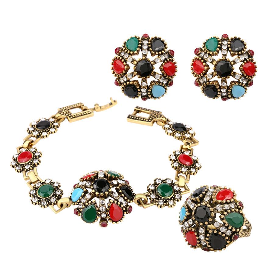 European and american retro ethnic jewelry set - bracelet + earrings + ring