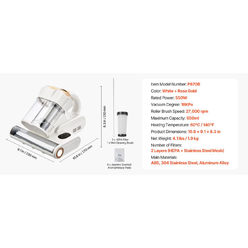 SucceBuy Mattress Vacuum Cleaner w/ 18Kpa Powerful Suction Dual Dust Bin HEPA Filter & Heating Ultrasound Handheld for Bed Sofa