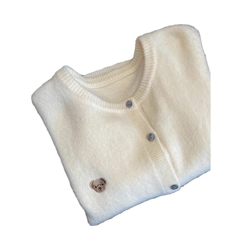 

Soft and Waxy Knitted Solid Color Cardigan Embroidered New Top Design Bear Sweater Jacket S белый