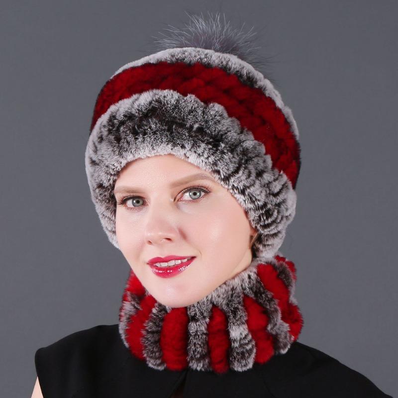 New hat scarf winter thickened thermal hat Rex rabbit fur grass Rex rabbit fur scarf two-piece set