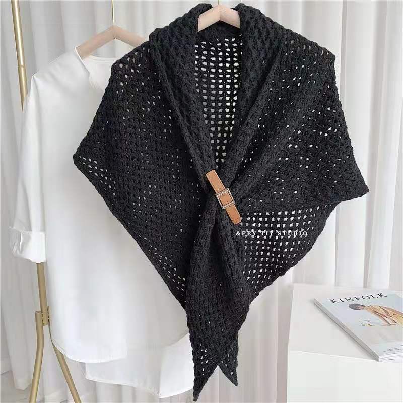 Korean Style Hollow Out Buckle Large Triangle Warm Decorative Scarf For Women