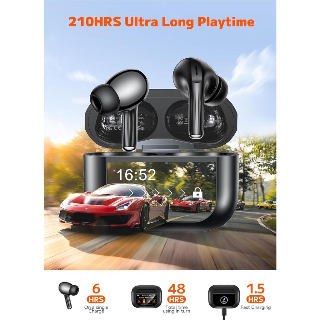 Wireless Earbuds ENC Noise Cancelling Earphones with Smart Touchscreen Case 48H Playtime Bass Stereo Sound Bluetooth 5.4 Headphones for iOS Android