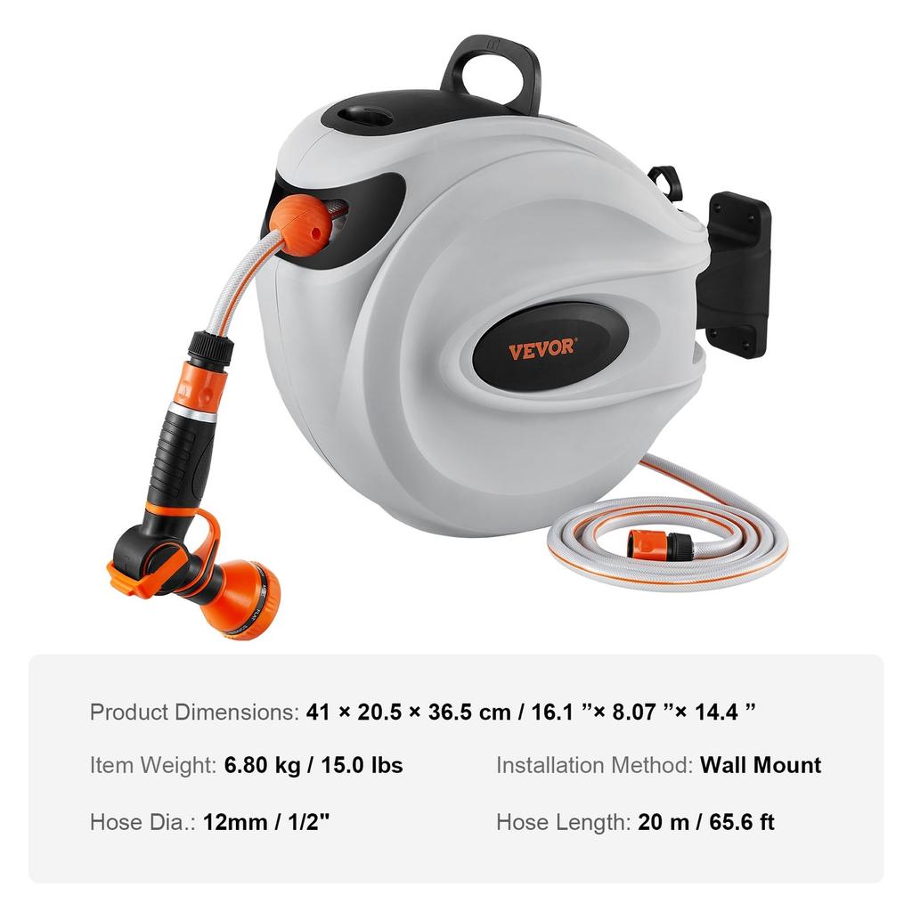 Retractable Hose Reel Water Hose Reel 65.6'x1/2" 180° Swivel Wall-Mounted