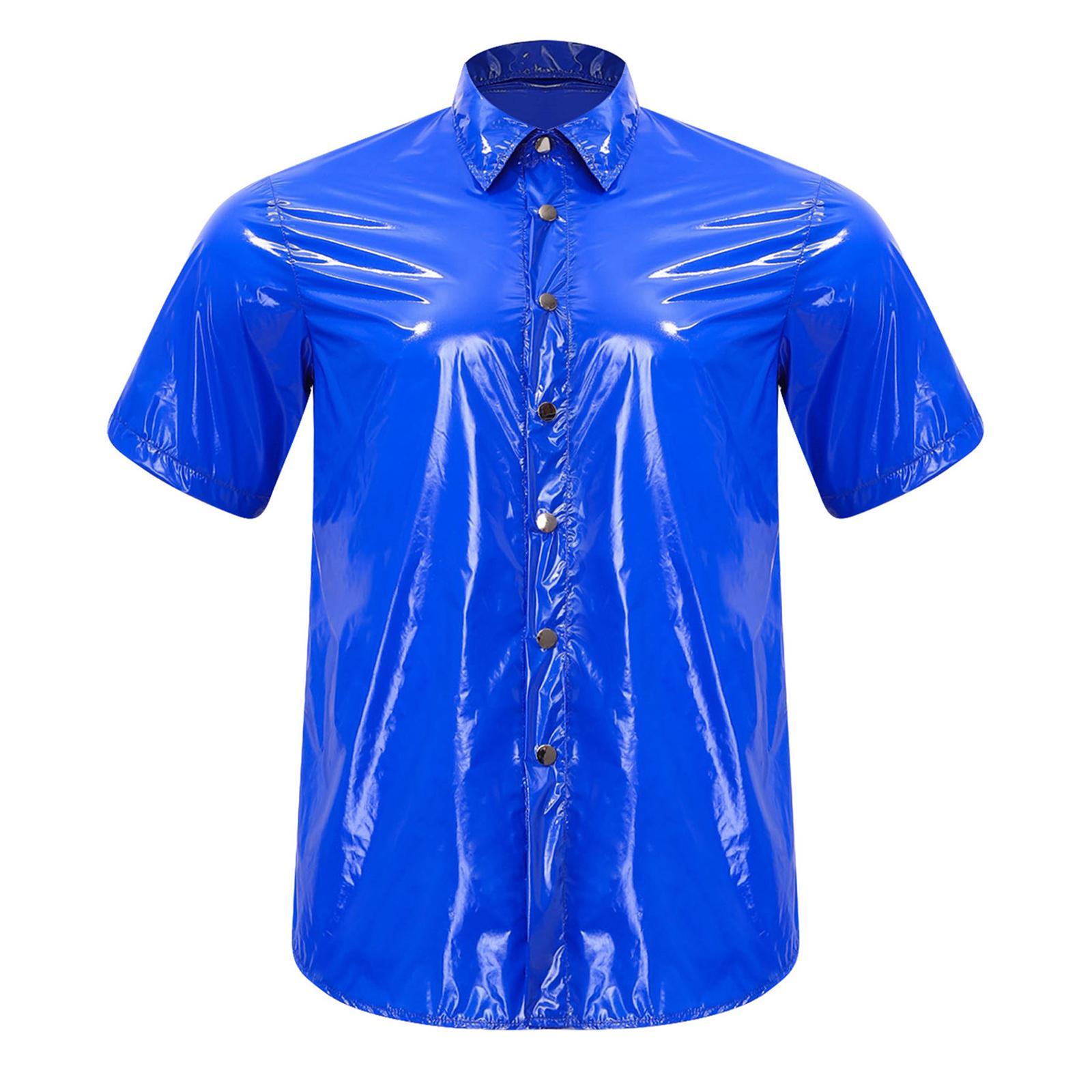 Herren Wasserdichtes Hemd Oberteil Kurzarm Knopfleiste Kragen Nasse Optik T-Shirt Clubwear Strandmode M königsblau