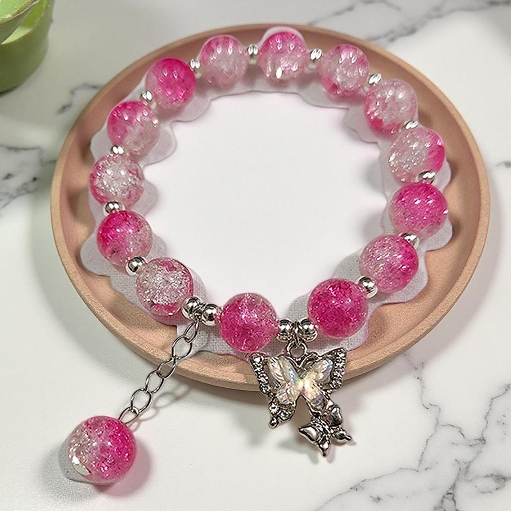 Braccialetto in Vetro Fiore Esplosione Fantasy da 10 mm: Ciondolo Farfalla Colore Degradé Design di Nicchia per Donne e Migliori Amiche.