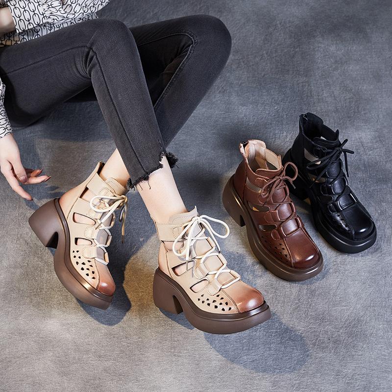 First Layer Cowhide Cool Boots Women's Summer 2025 New Retro Hollow Platform Sandals Women's Roman Net Boots Women's Boots