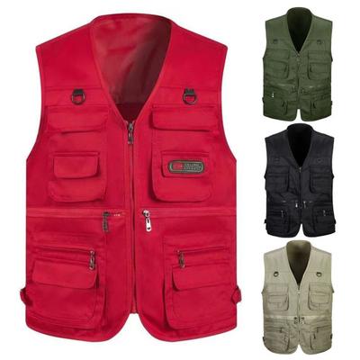 Men Waistcoat Solid Color Multi Pockets Zipper Sleeveless Spring Vest for Fishing