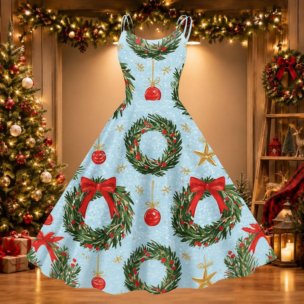 Damen Weihnachtsdruck Off-Shoulder Vintage Kleid
