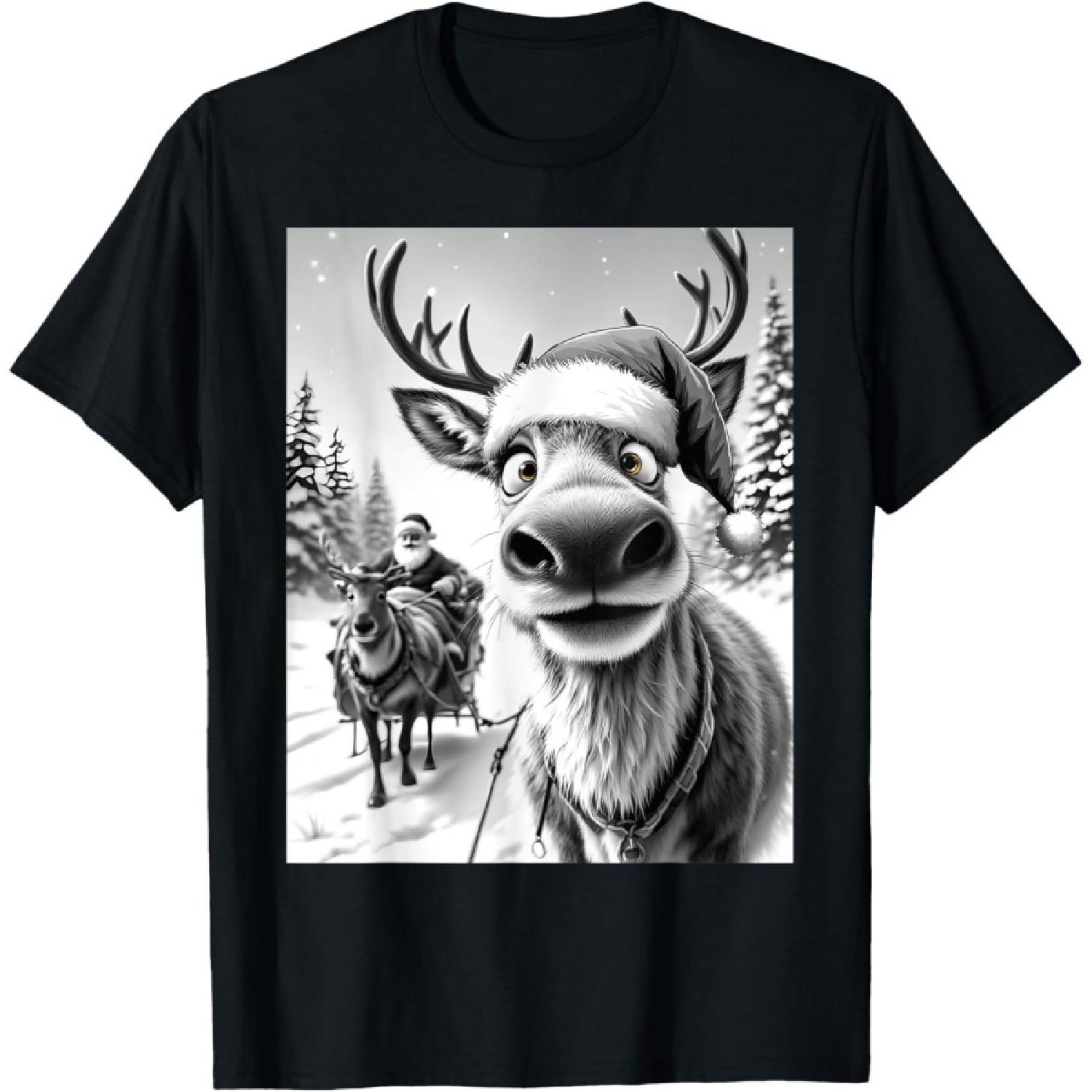 Funny Reindeer Santa Claus Selfie Christmas Sleigh T-Shirt S