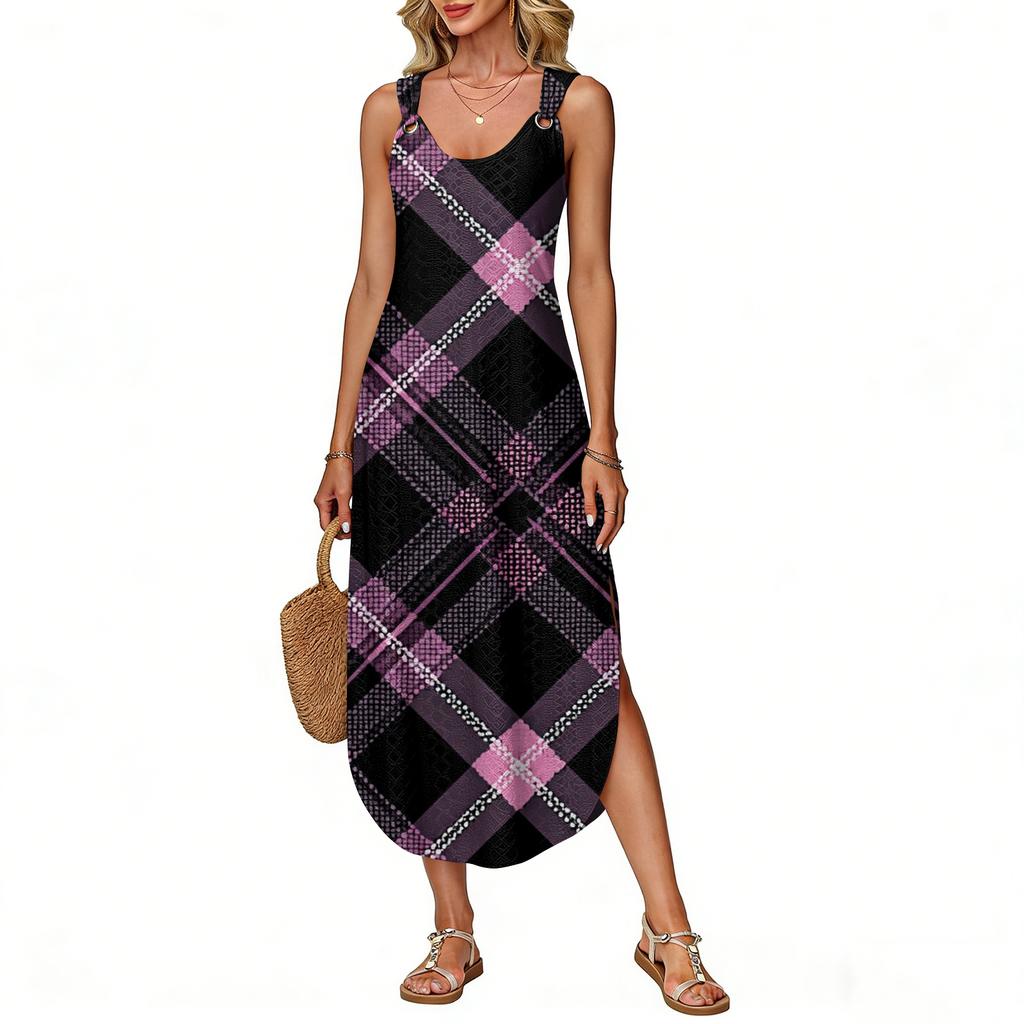 Women's Summer Long Dress, Sleeveless with Side Slits, Long Plaid Printed Vest Dress