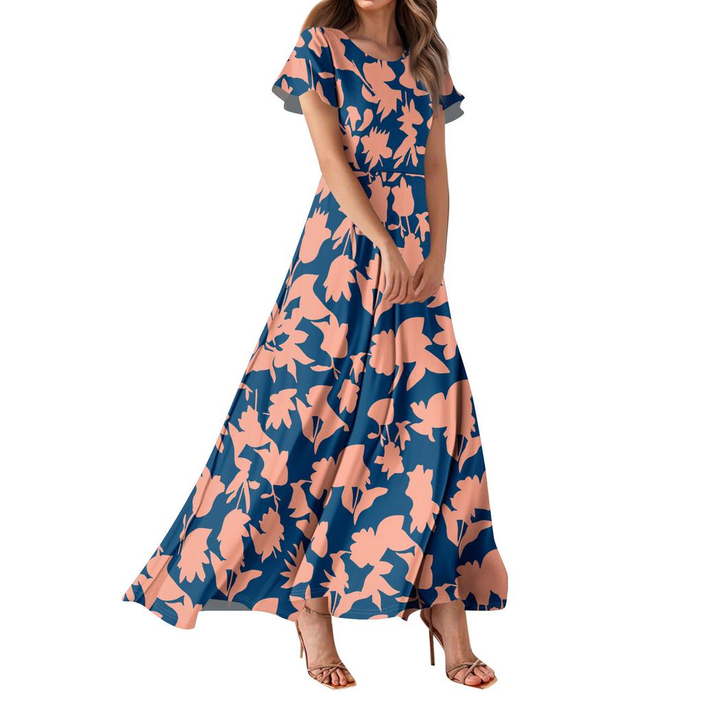 Women's Bohemian Print Casual Round Neck Short Sleeve High Waist Dress Elegant Dress