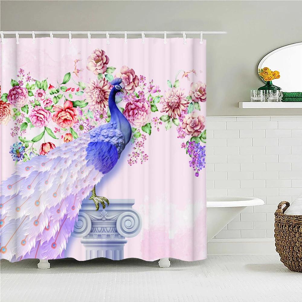 3D Flowers and Birds Peacocks Shower Curtain Waterproof Bathroom Curtains Polyester Home Decor Bathtub Curtain Screen with Hooks