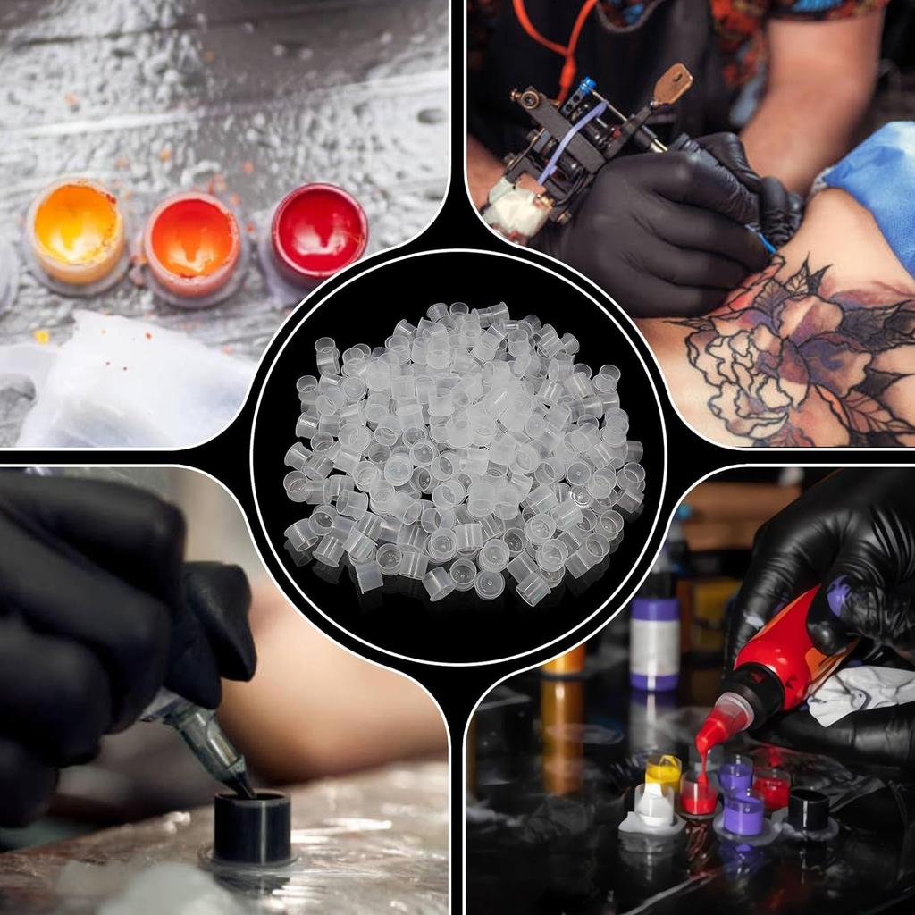 DM 100PCS Disposable Tattoo Ink Cup Plastic Pigment Clear Holder Container Cap With Bottom Permanent Makeup Microblading Supply
