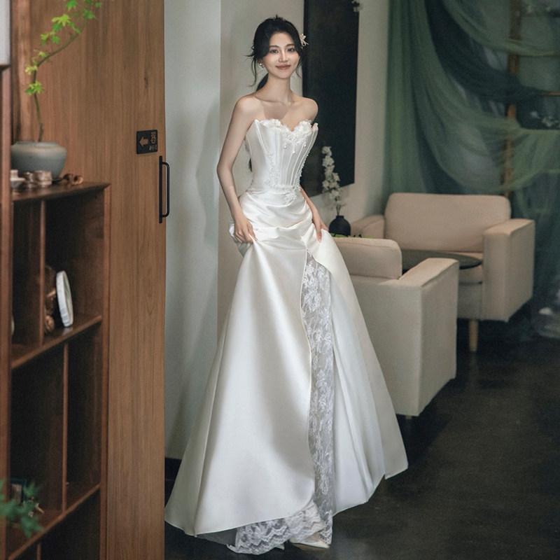 Lace Tube Top Light Wedding Dress 1011 New White Satin Wedding Bride Temperament Fishtail Host Dress Skirt