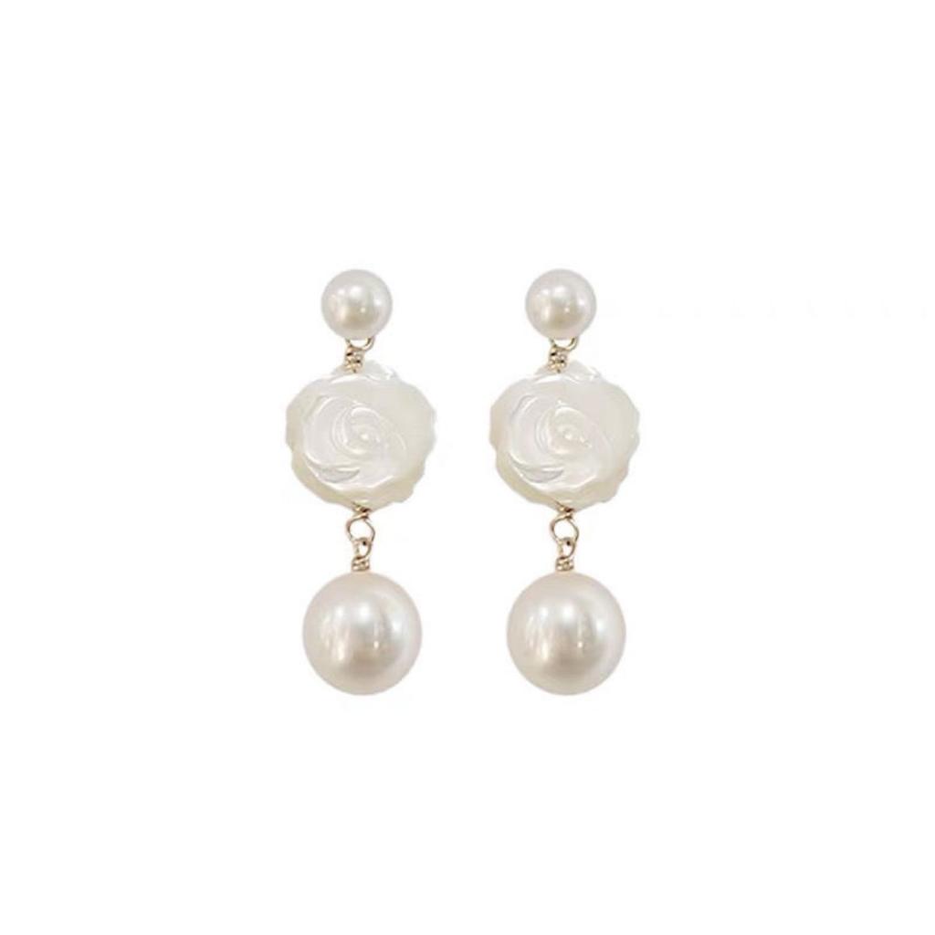 Natural freshwater pearl rose earrings s911 silver needle French retro light luxury high-end flower long earrings