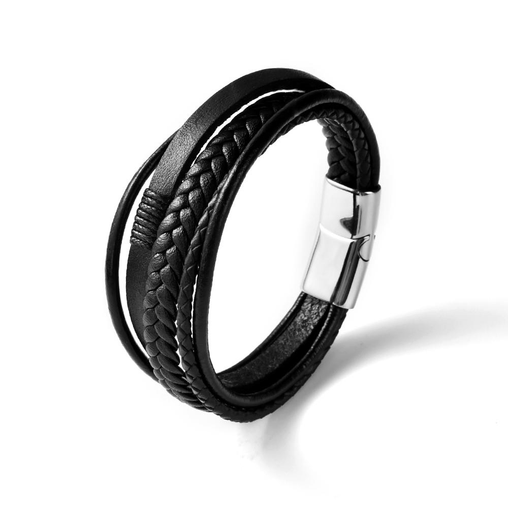 F252 Bracelets Multi-layer Mens Men Jewelry Stainless Steel Leather Bracelet for Men With Magnetic Clasp