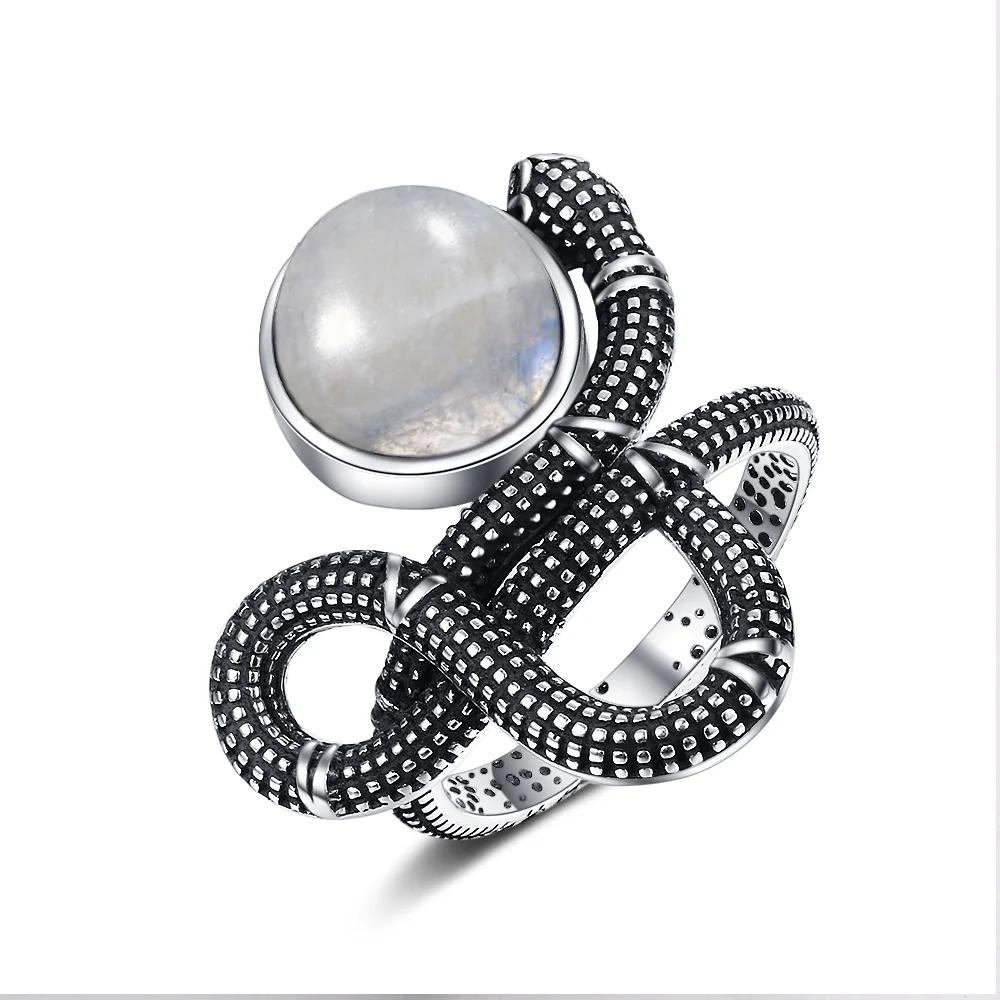 Snake Shaped Vintage Ring Natural Labradorite Ring 10*12MM Turquoise Moonstone Retro Gift for Women Men Fine Jewelry
