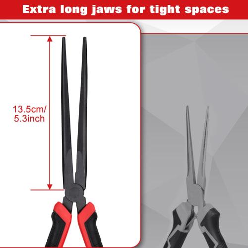 LEONTOOL Long Nose Pliers, Extra Long Needle Nose Pliers, Straight, Non-Slip, Serrated, Mechanic Pliers, 135mm Tip Length, For Gripping, Bending, Clam