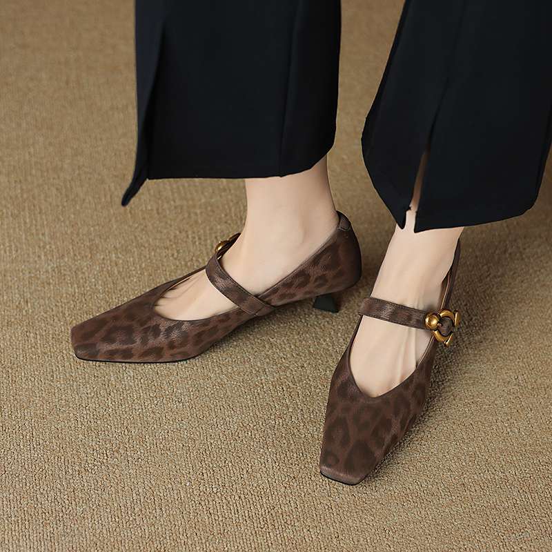 Krazing Pot Sheep Skin Summer Spring Autumn Stiletto Med Heels Leopard Women Square Toe Metal Decoration Shallow Pumps
