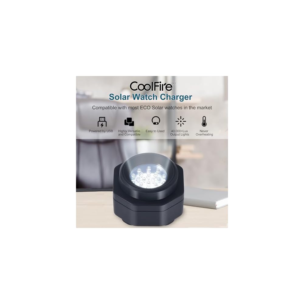 CoolFire - Carregador Rápido de Relógio Solar Sem UV, Carregador de Bateria Portátil para Todos os Relógios Solares Ecológicos - Carregador de Relógio Solar para Todos os Tipos de Relógio Solar Ecológico
